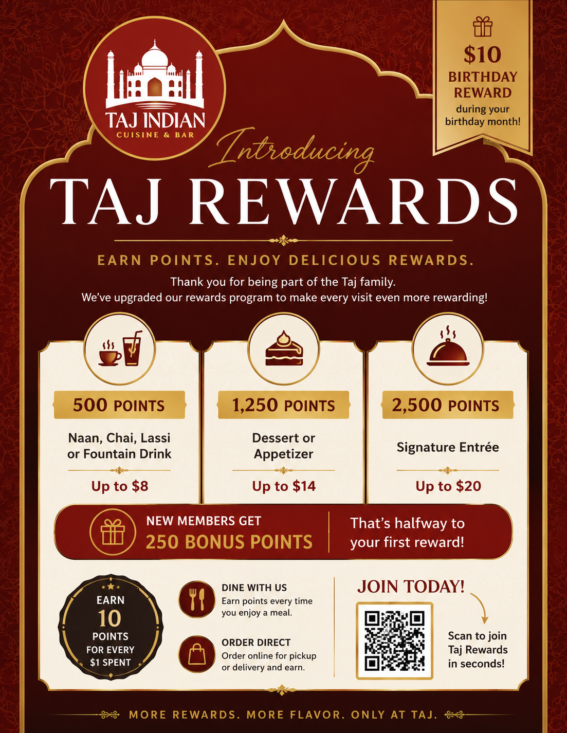 Taj Rewards points and reward tiers at Taj Indian Cuisine & Bar in Madison, Wisconsin