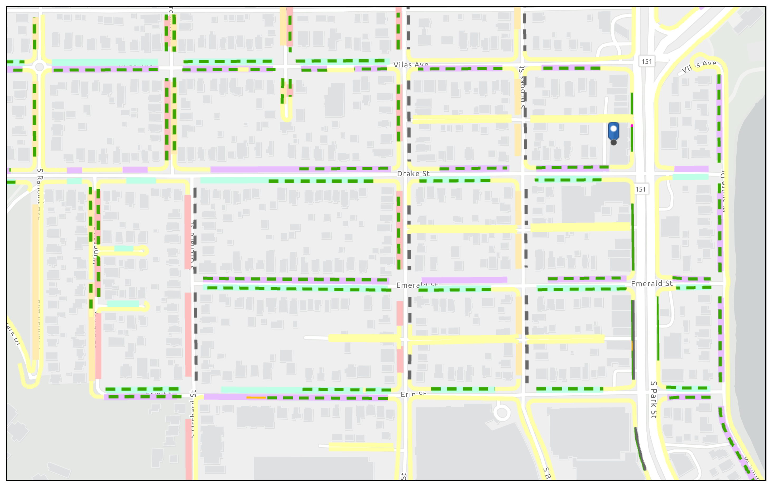 Street parking map around Taj Indian Cuisine & Bar at 444 S. Park St., Madison, WI