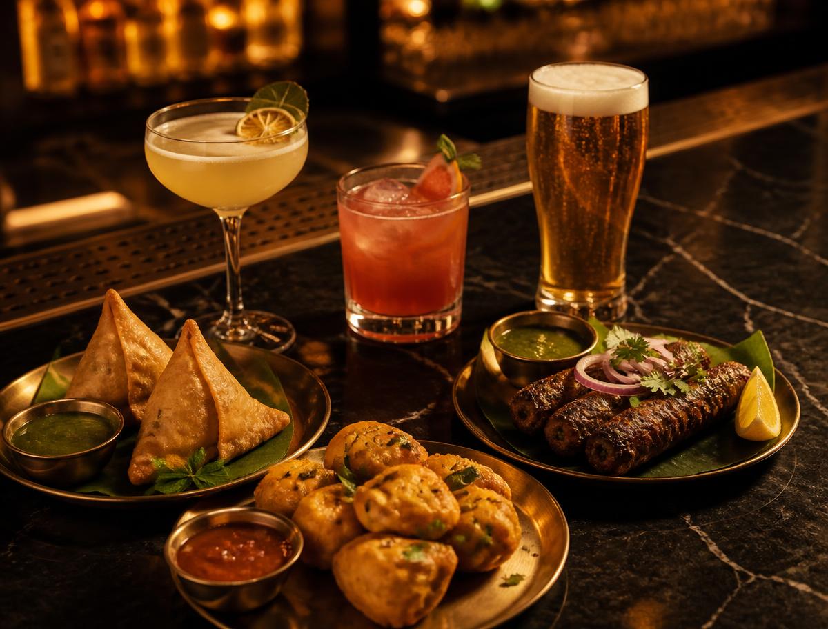 Bar bites of samosas, paneer pakora and seekh kebab at Taj Indian Cuisine & Bar in Madison, Wisconsin