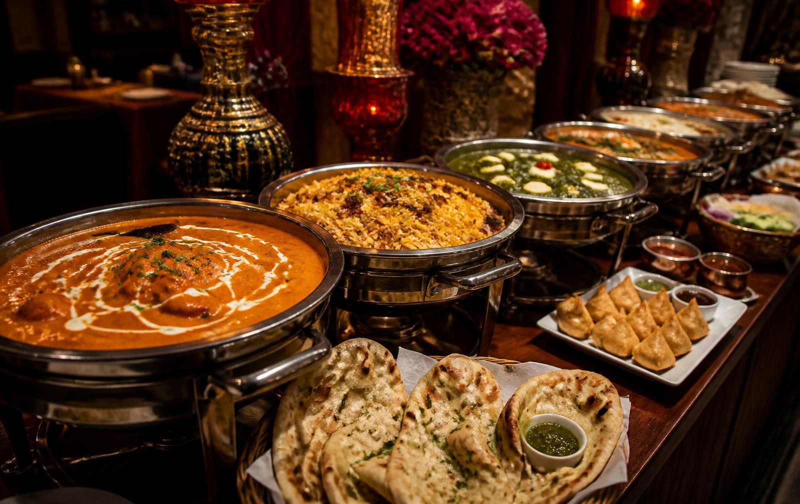 Indian catering spread from Taj Indian Cuisine & Bar in Madison, Wisconsin